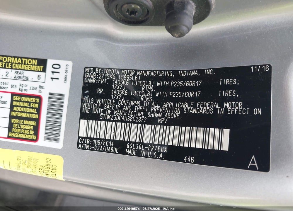 2017 TOYOTA SIENNA LE 8 PASSENGER VIN: 5TDKZ3DC4HS802872