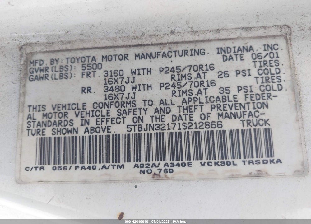 2001 TOYOTA TUNDRA VIN: 5TBJN32171S212866