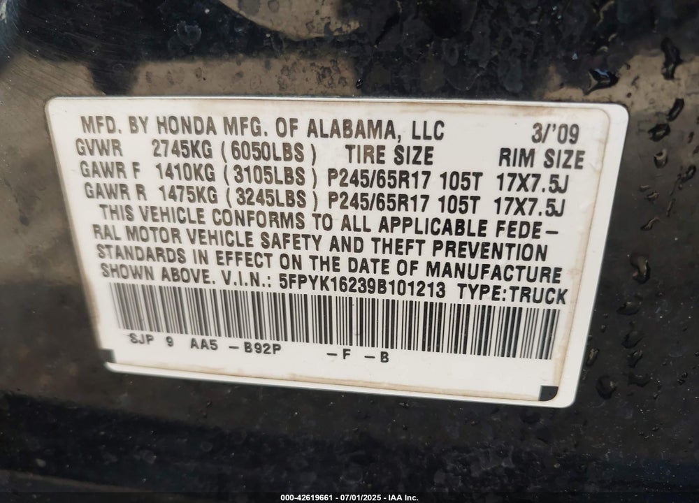 2009 HONDA RIDGELINE VIN: 5FPYK16239B101213