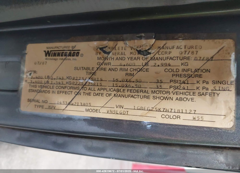 1987 CHEVROLET SPORTVAN / VAN G20 VIN: 1GBEG25K7H7181127