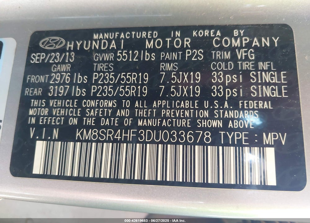 2013 HYUNDAI SANTA FE VIN: KM8SR4HF3DU033678
