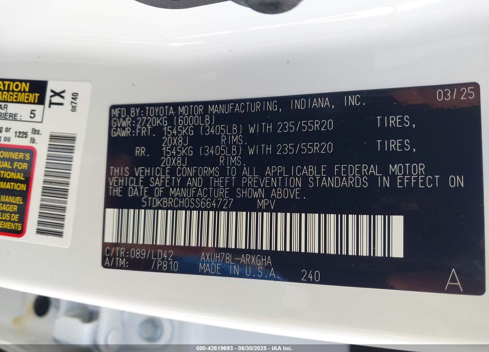2025 TOYOTA HIGHLANDER HYBRID VIN: 5TDKBRCH0SS664727