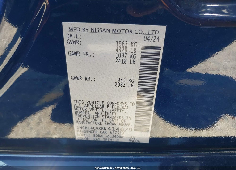 2024 NISSAN ALTIMA VIN: 1N4BL4CVXRN414679