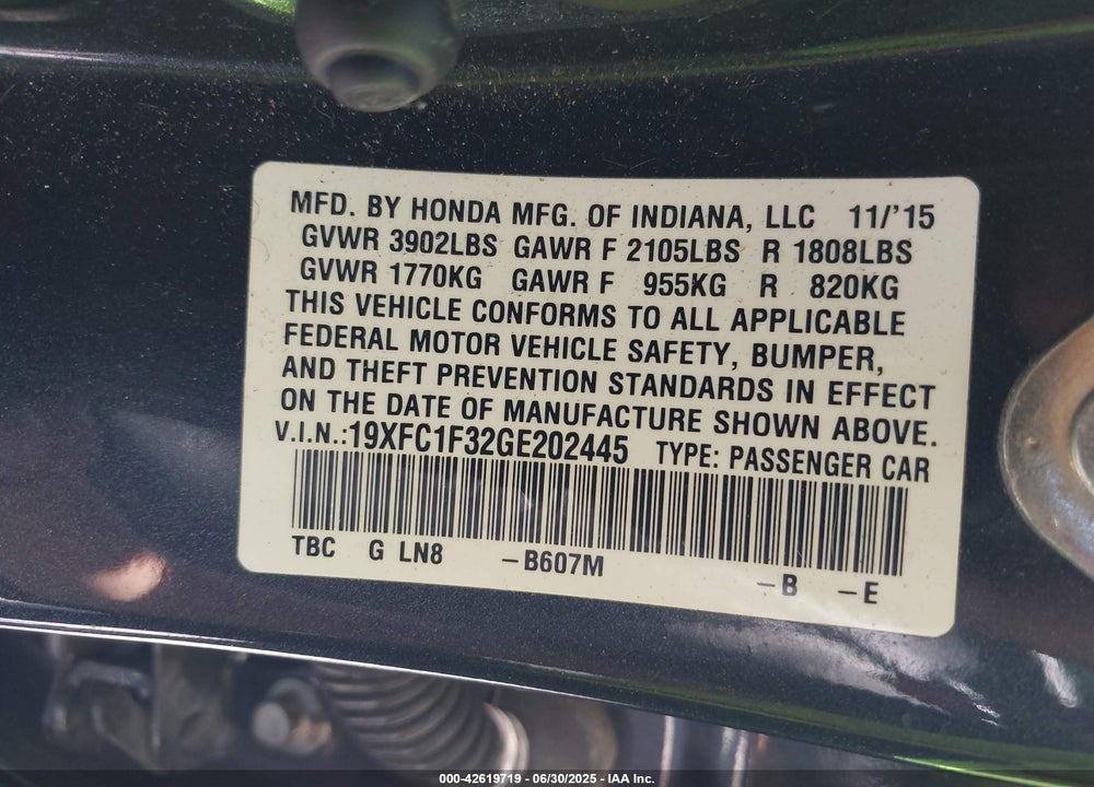 2016 HONDA CIVIC VIN: 19XFC1F32GE202445