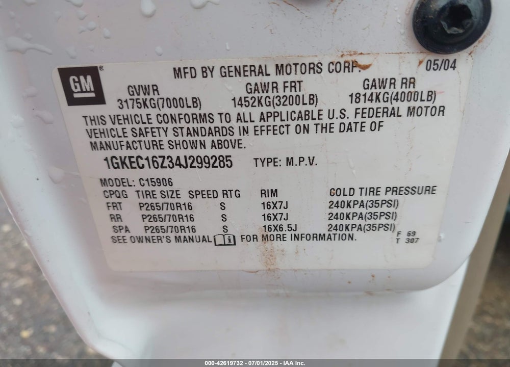 2004 GMC YUKON XL 1500 SLE VIN: 1GKEC16Z34J299285