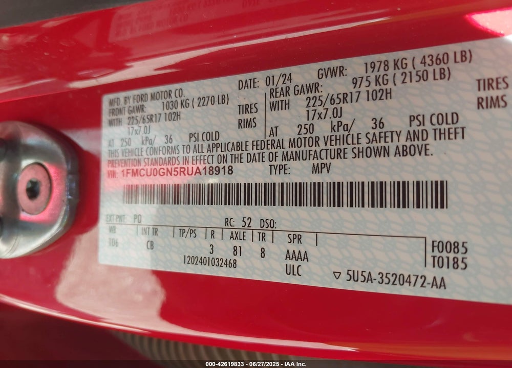 2024 FORD ESCAPE VIN: 1FMCU0GN5RUA18918