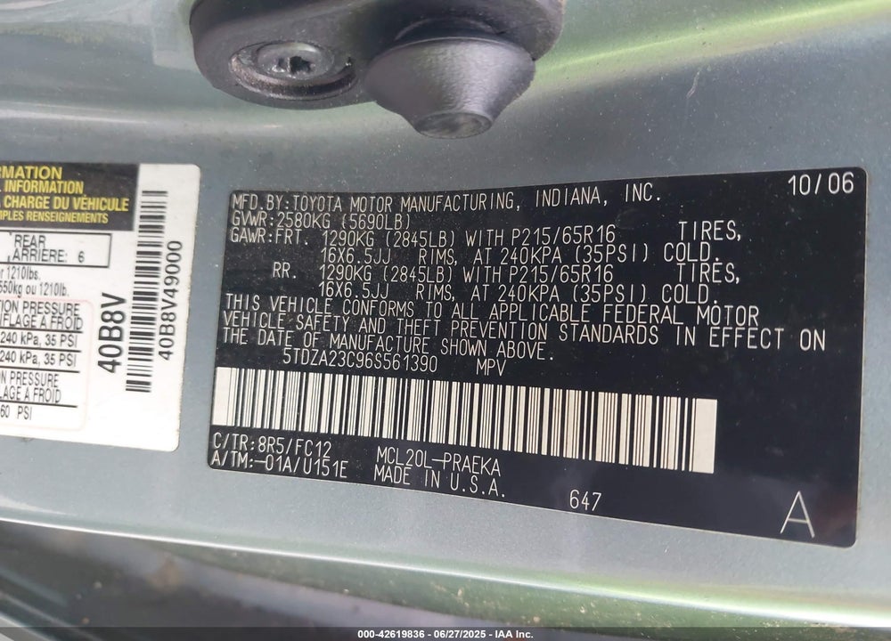 2006 TOYOTA SIENNA LE VIN: 5TDZA23C96S561390