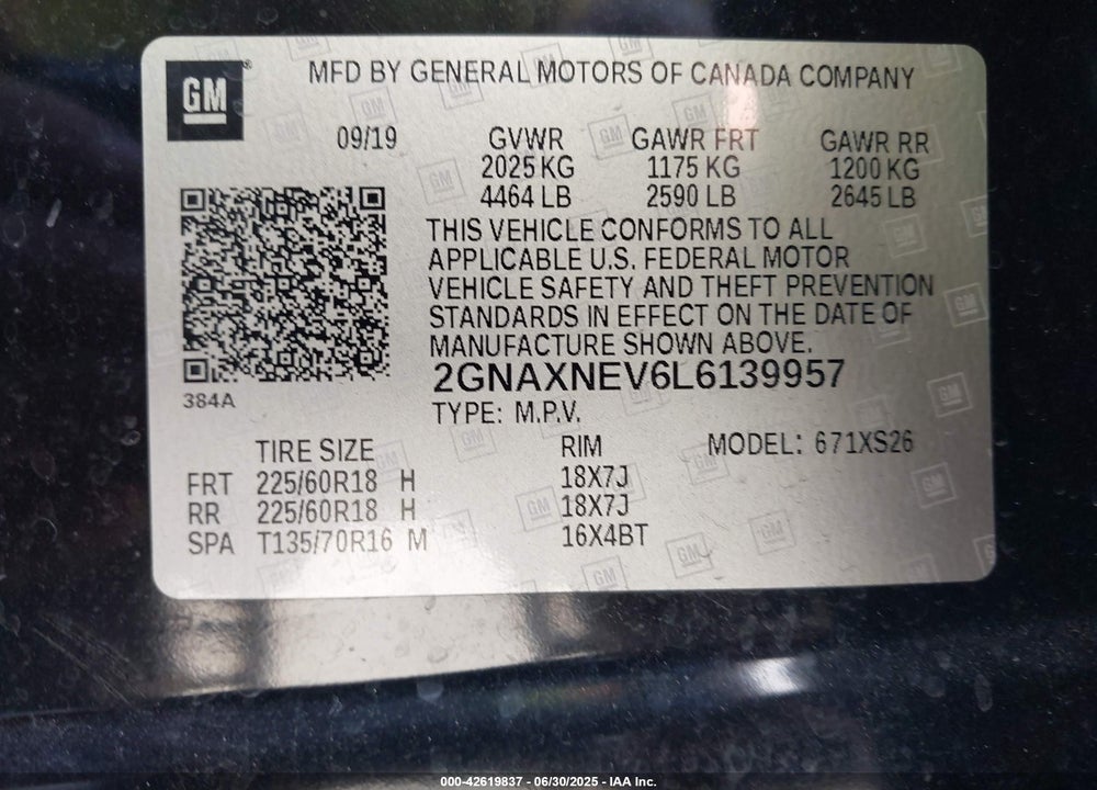 2020 CHEVROLET EQUINOX VIN: 2GNAXNEV6L6139957
