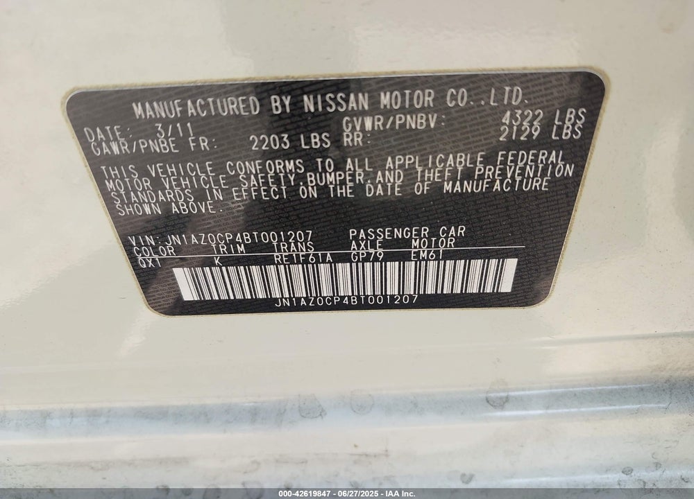 2011 NISSAN LEAF SL VIN: JN1AZ0CP4BT001207