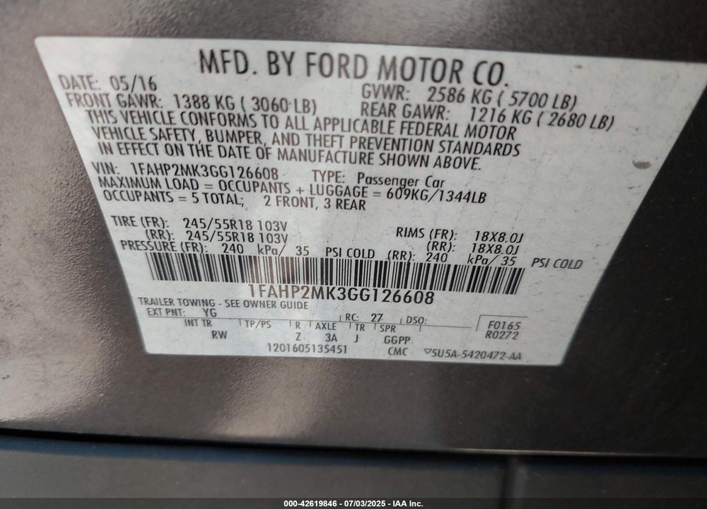 2016 FORD POLICE INTERCEPTOR SEDAN VIN: 1FAHP2MK3GG126608