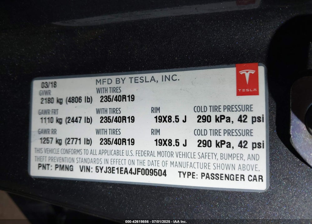 2018 TESLA MODEL 3 VIN: 5YJ3E1EA4JF009504
