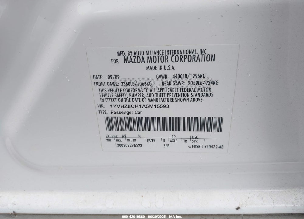 2010 MAZDA MAZDA6 VIN: 1YVHZ8CH1A5M15593