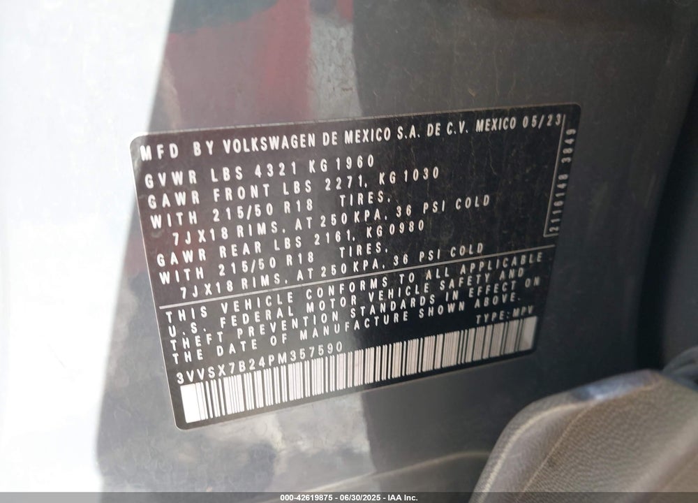 2023 VOLKSWAGEN TAOS VIN: 3VVSX7B24PM357590
