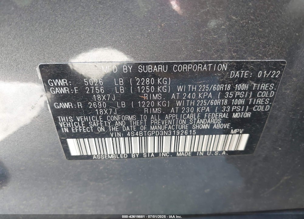 2022 SUBARU OUTBACK VIN: 4S4BTGPD3N3192615
