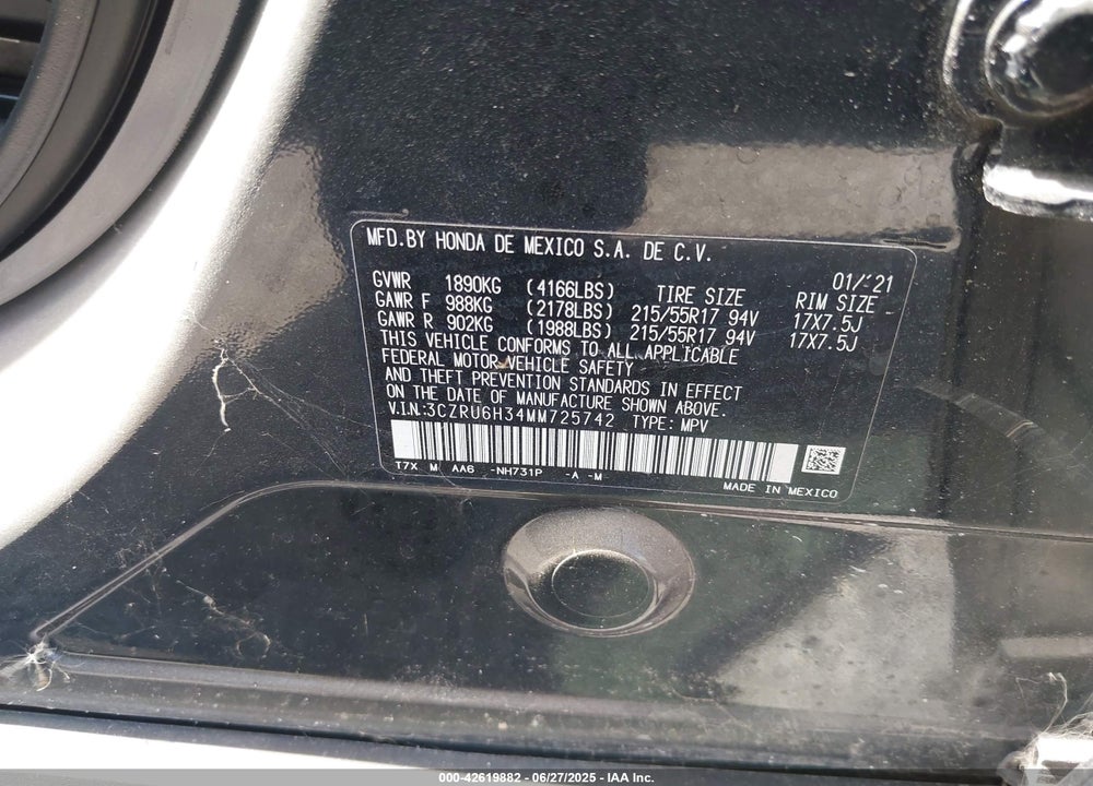 2021 HONDA HR-V VIN: 3CZRU6H34MM725742