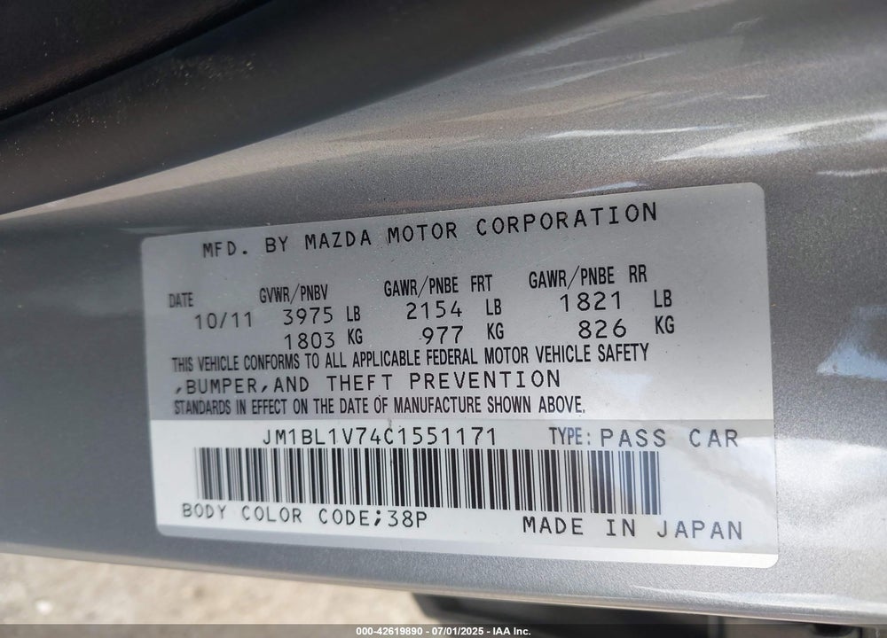 2012 MAZDA 3 VIN: JM1BL1V74C1551171