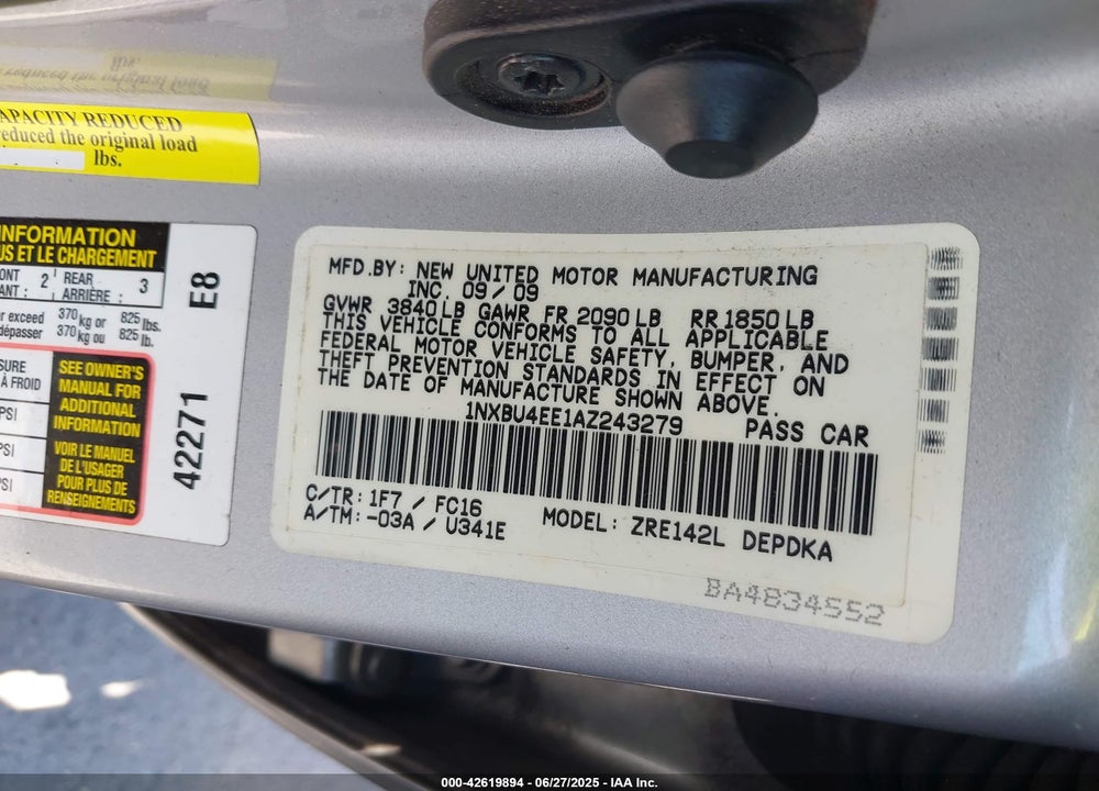 2010 TOYOTA COROLLA VIN: 1NXBU4EE1AZ243279