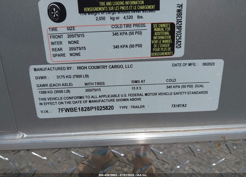 2023 TANDUM CARGO VIN: 7FWBE1828P1025820