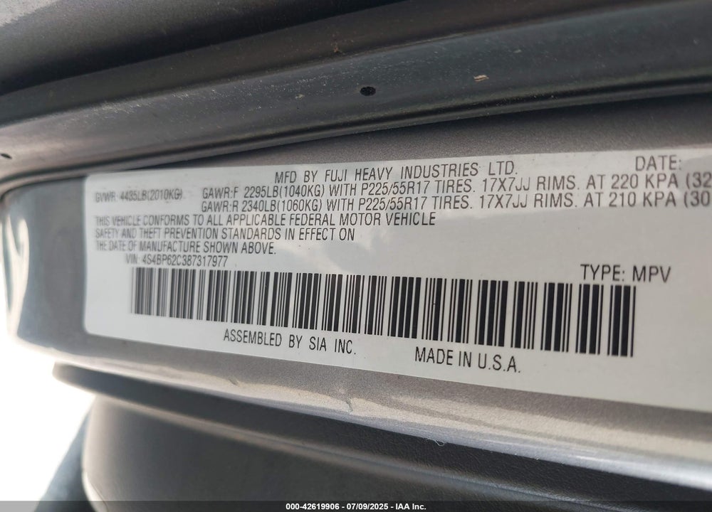 2008 SUBARU OUTBACK VIN: 4S4BP62C387317977