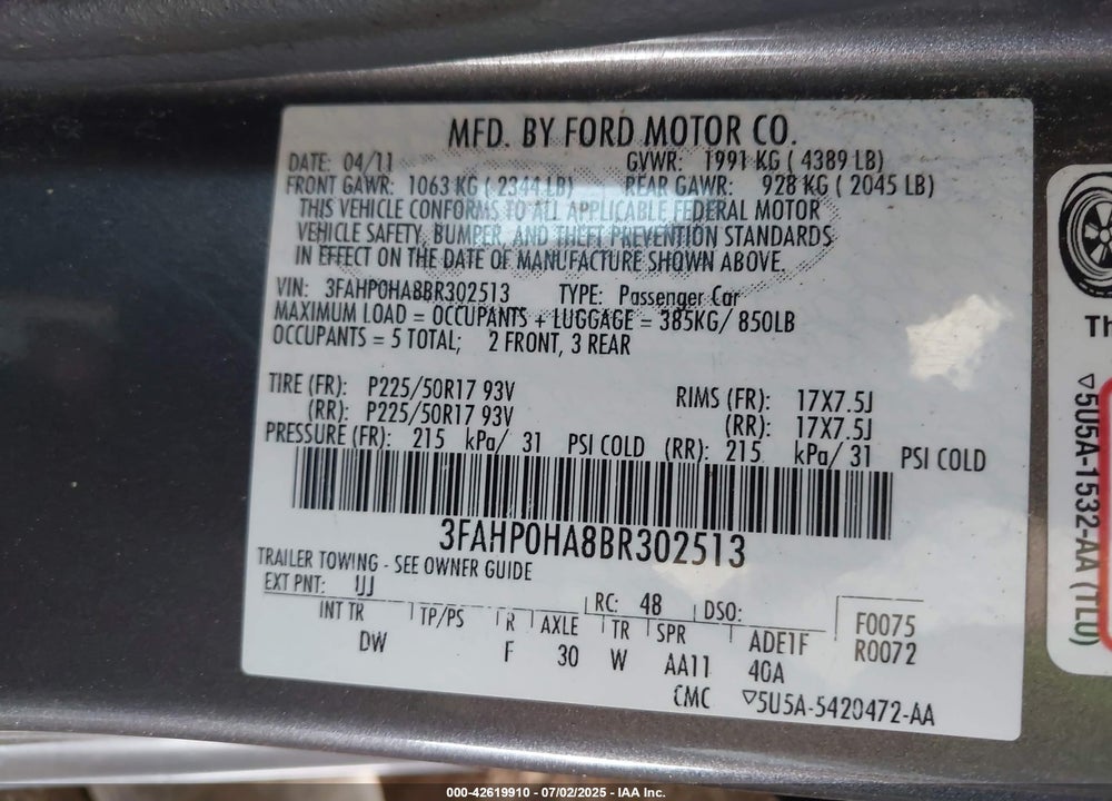 2011 FORD FUSION VIN: 3FAHP0HA8BR302513