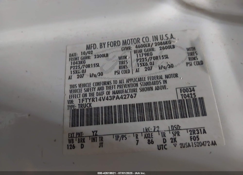 2003 FORD RANGER EDGE/TREMOR/XL/XLT VIN: 1FTYR14V43PA42767