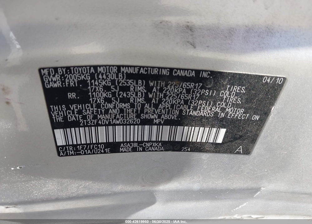 2010 TOYOTA RAV4 VIN: 2T3ZF4DV1AW032620