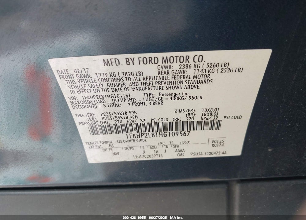 2017 FORD TAURUS VIN: 1FAHP2E81HG109567