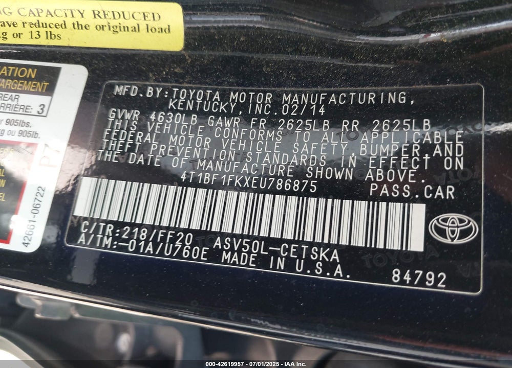 2014 TOYOTA CAMRY SE VIN: 4T1BF1FKXEU786875