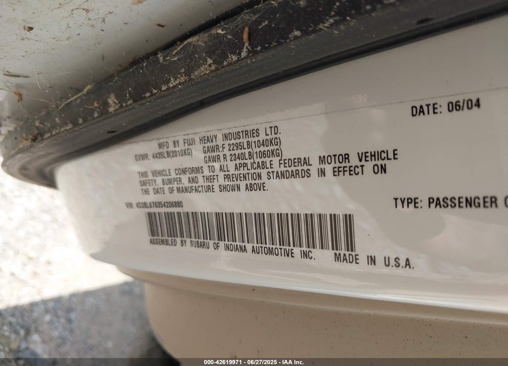 2005 SUBARU LEGACY 2.5GT LIMITED VIN: 4S3BL676354206880