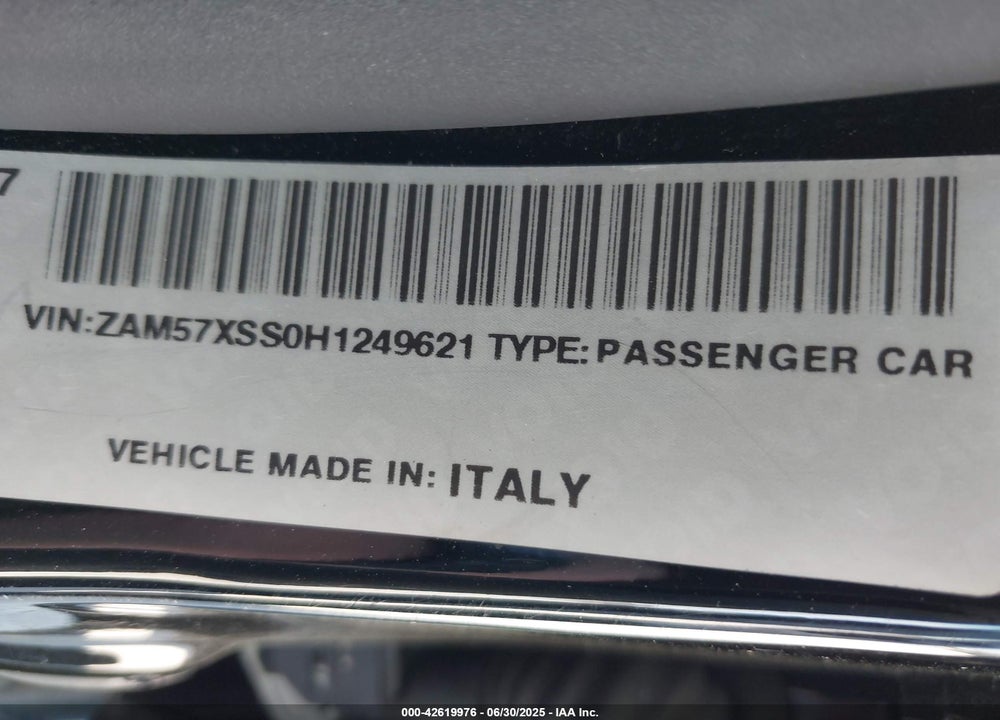 2017 MASERATI GHIBLI VIN: ZAM57XSS0H1249621