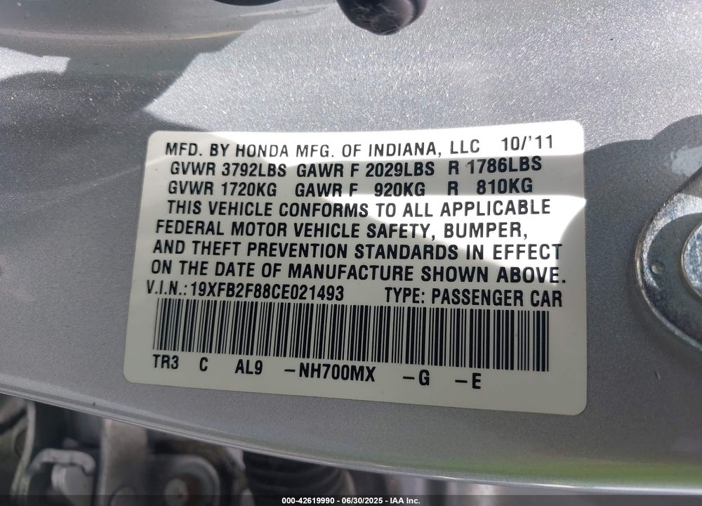2012 HONDA CIVIC EX VIN: 19XFB2F88CE021493