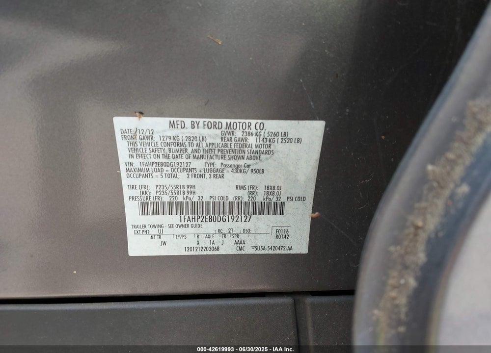 2013 FORD TAURUS VIN: 1FAHP2E80DG192127