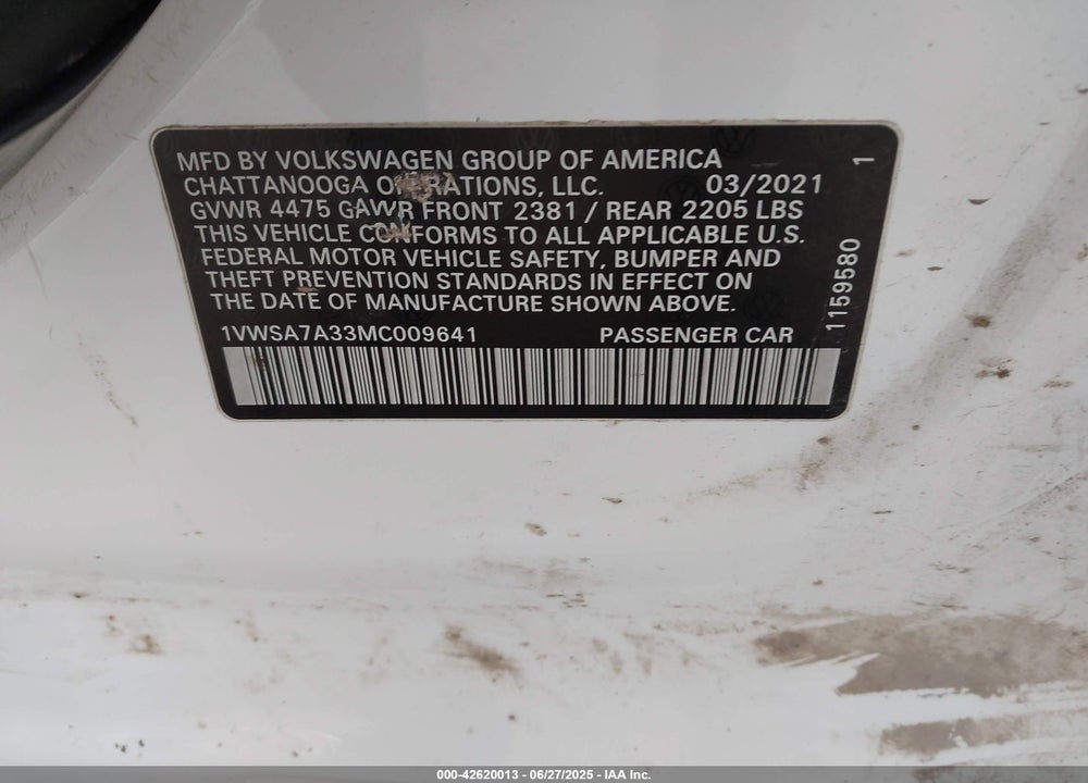 2021 VOLKSWAGEN PASSAT VIN: 1VWSA7A33MC009641