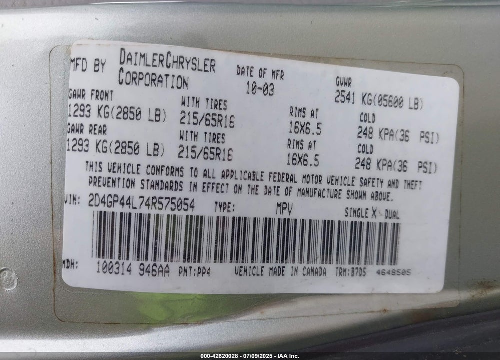 2004 DODGE GRAND CARAVAN SXT VIN: 2D4GP44L74R575054