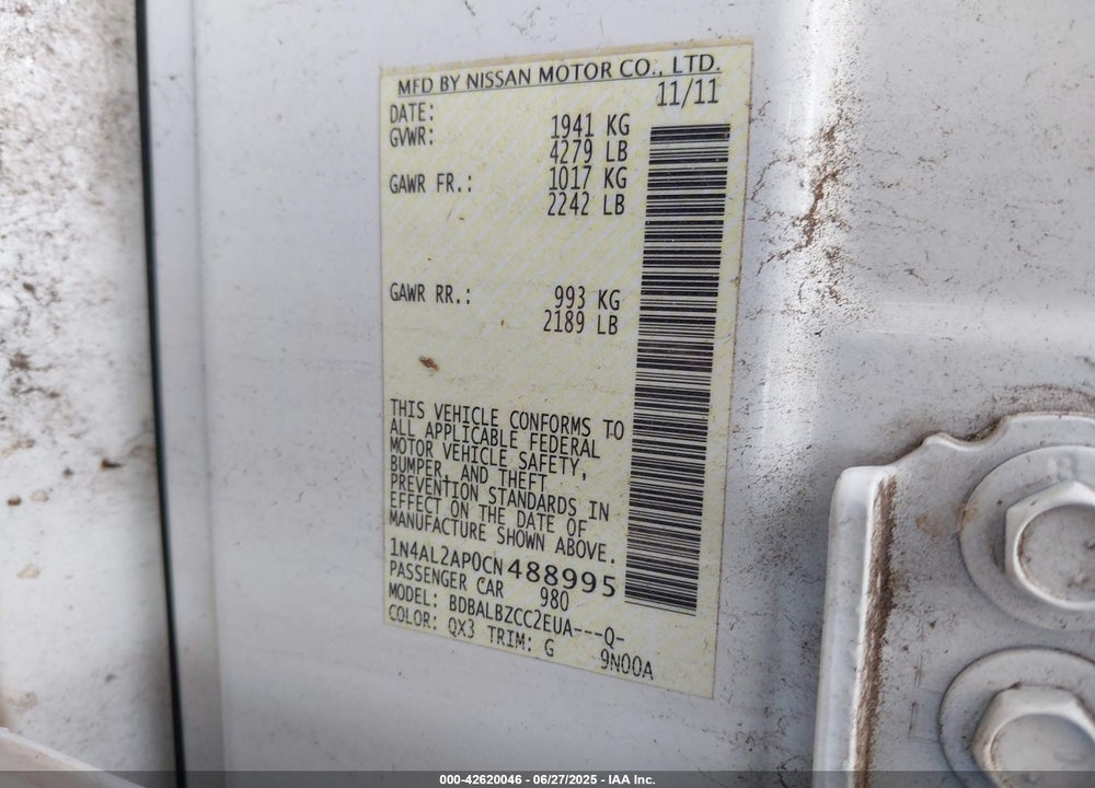 2012 NISSAN ALTIMA VIN: 1N4AL2AP0CN488995