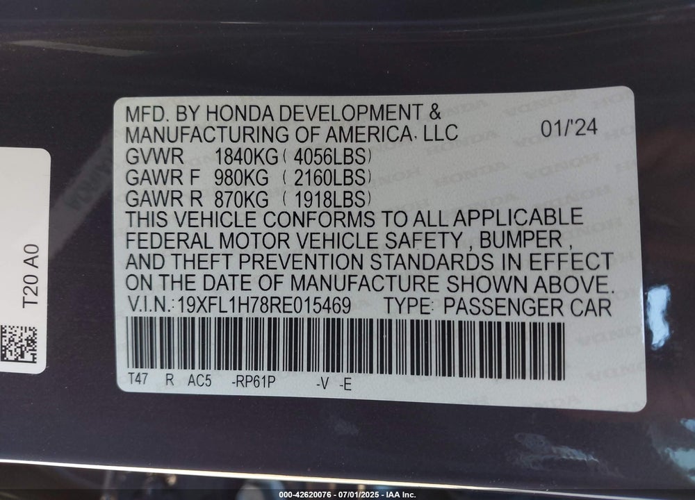 2024 HONDA CIVIC EX-L VIN: 19XFL1H78RE015469