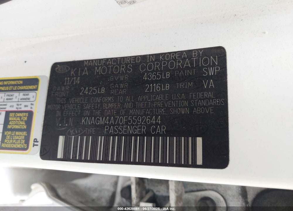2015 KIA OPTIMA VIN: KNAGM4A70F5592644