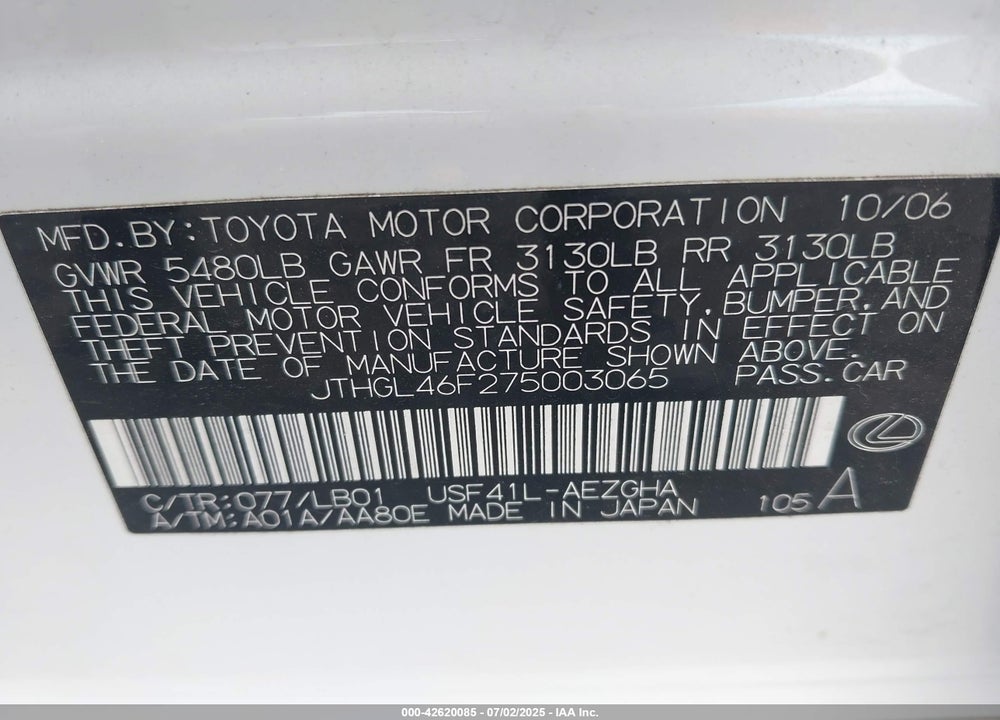 2007 LEXUS LS 460 VIN: JTHGL46F275003065