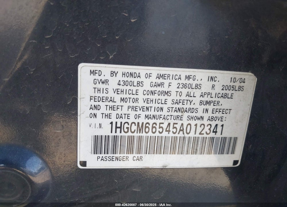 2005 HONDA ACCORD 3.0 EX VIN: 1HGCM66545A012341
