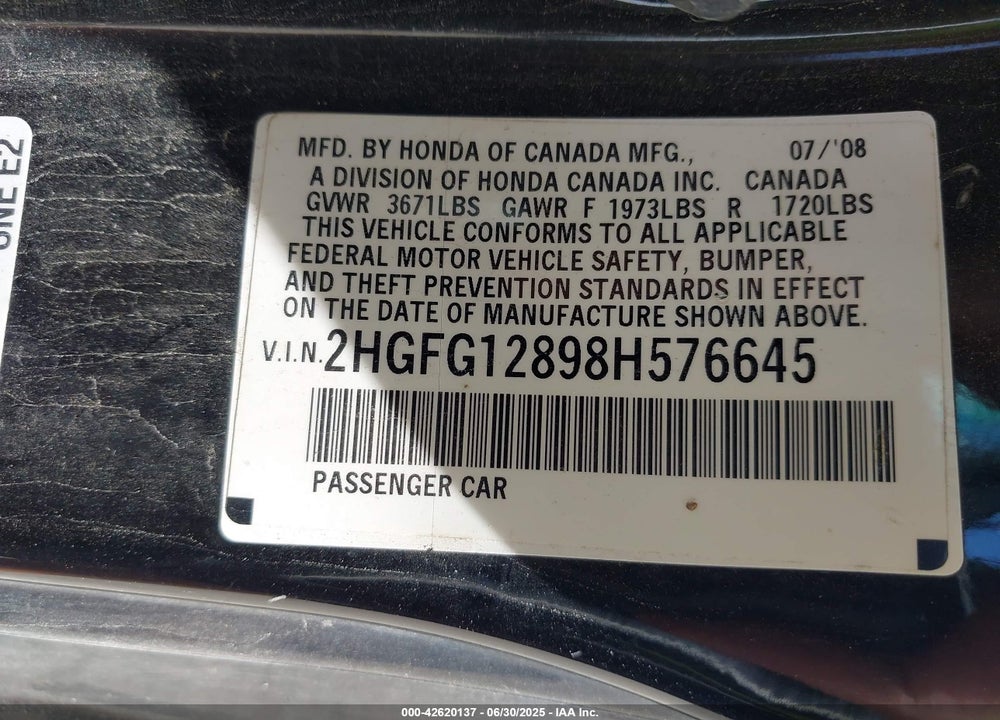 2008 HONDA CIVIC EX VIN: 2HGFG12898H576645
