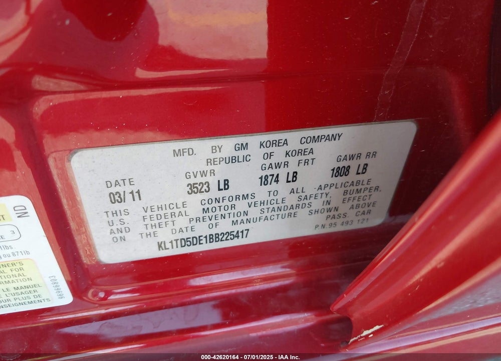 2011 CHEVROLET AVEO VIN: KL1TD5DA1BB225417