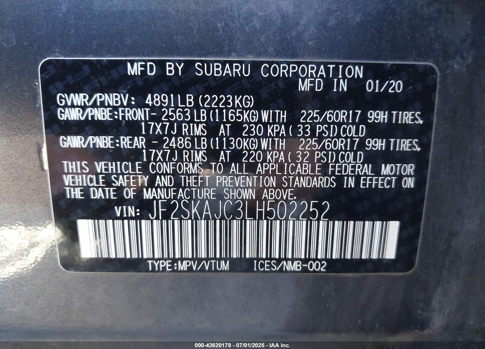 2020 SUBARU FORESTER VIN: JF2SKAJC3LH502252