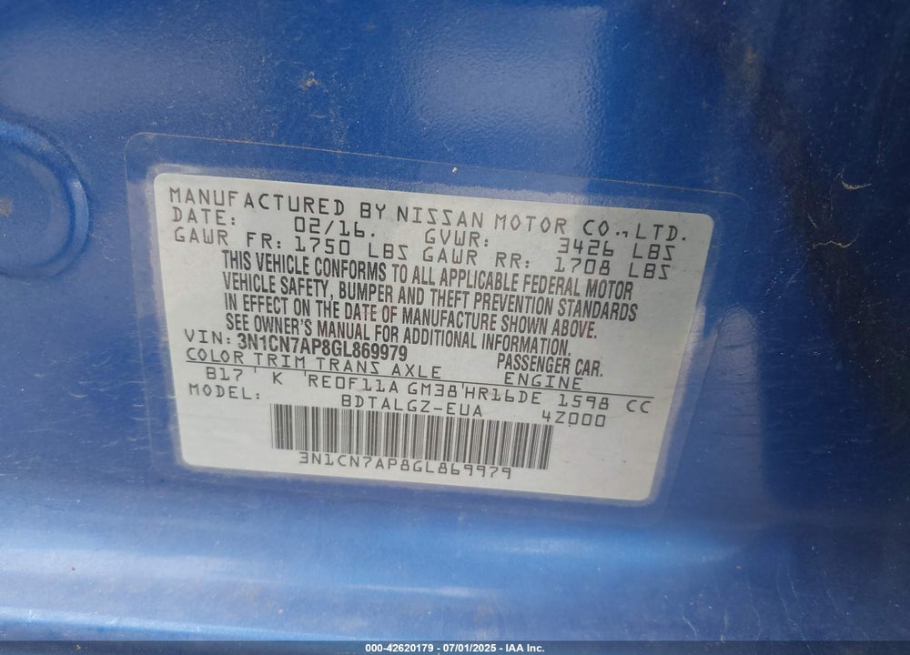 2016 NISSAN VERSA VIN: 3N1CN7AP8GL869979