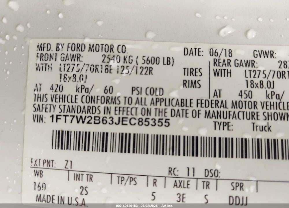 2018 FORD F-250 VIN: 1FT7W2B63JEC85355