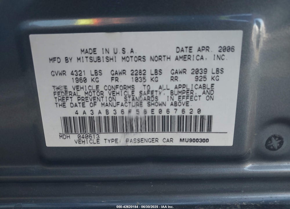 2006 MITSUBISHI GALANT VIN: 4A3AB36F56E067620