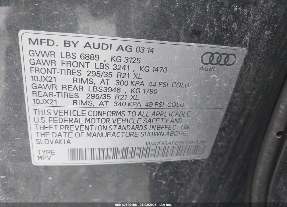 2014 AUDI Q7 VIN: WA1DGAFE6ED017966