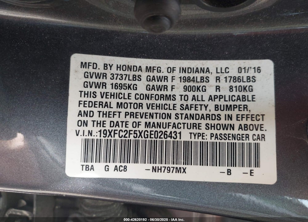 2016 HONDA CIVIC VIN: 19XFC2F5XGE026431