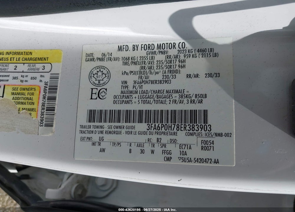 2014 FORD FUSION VIN: 3FA6P0H78ER383903