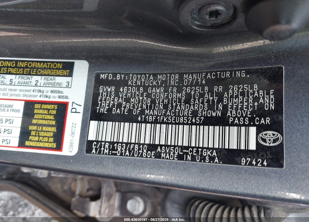 2014 TOYOTA CAMRY VIN: 4T1BF1FK5EU852457