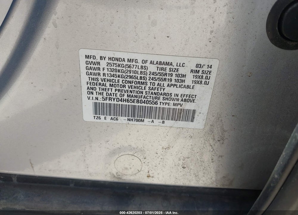 2014 ACURA MDX VIN: 5FRYD4H65EB040556